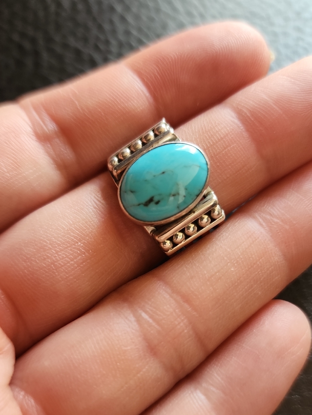Turquoise Oval Sterling Silver Statement Ring - Size 6.5